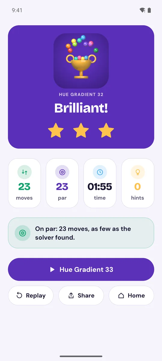 A finished level with three stars for beating par