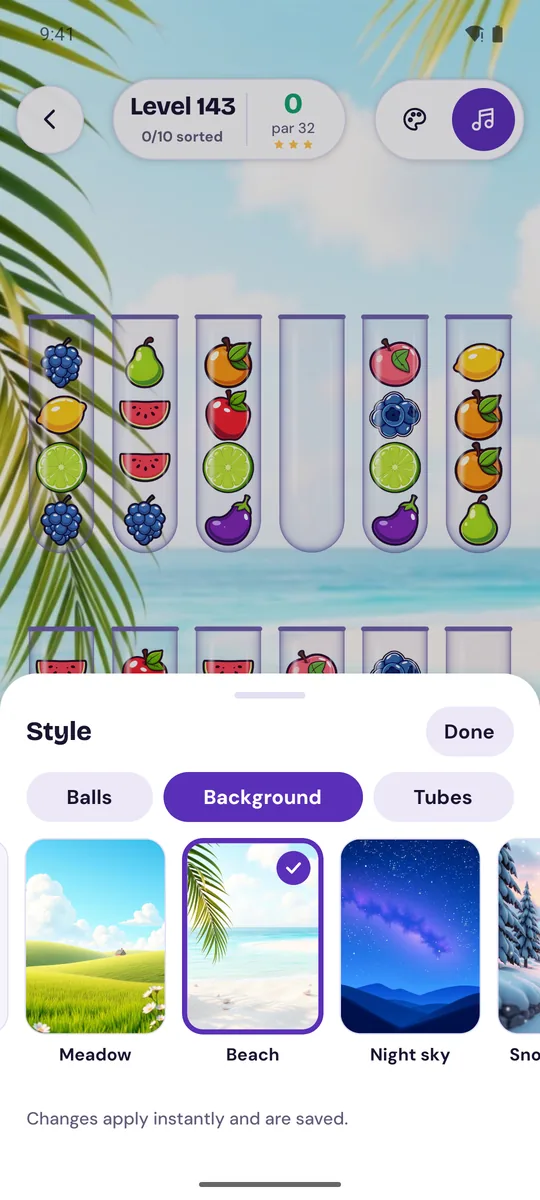 The style screen with balls, scenes and tubes