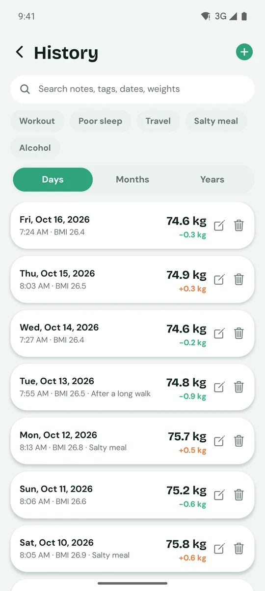 History with search and tags