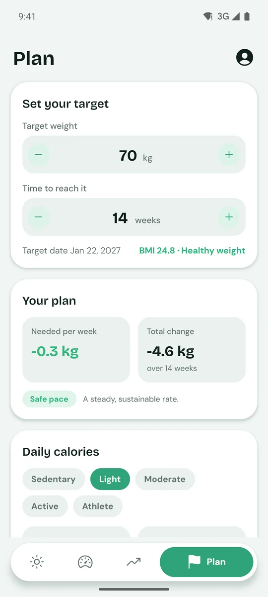 Plan: a target of 70 kg in 14 weeks at a safe pace