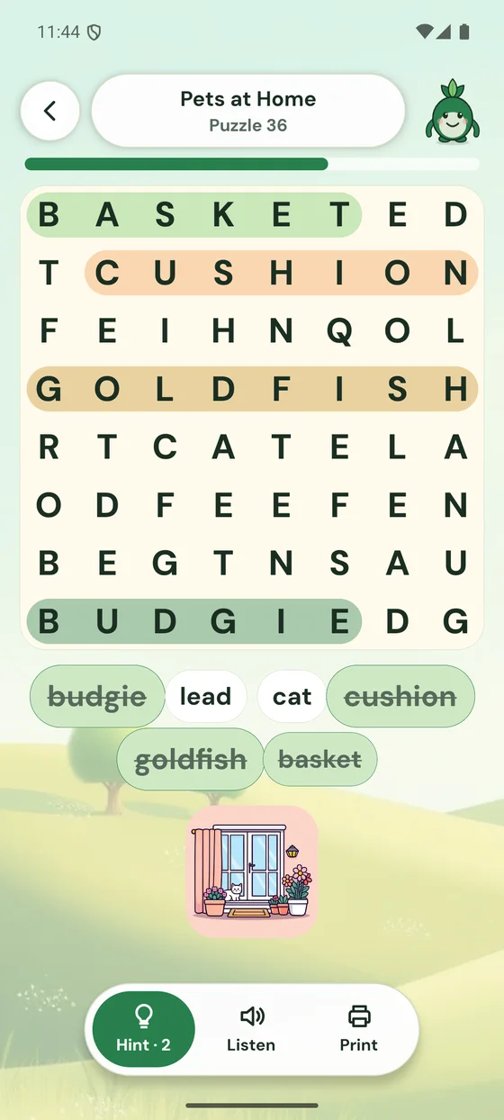 An extra-large word search with three words found