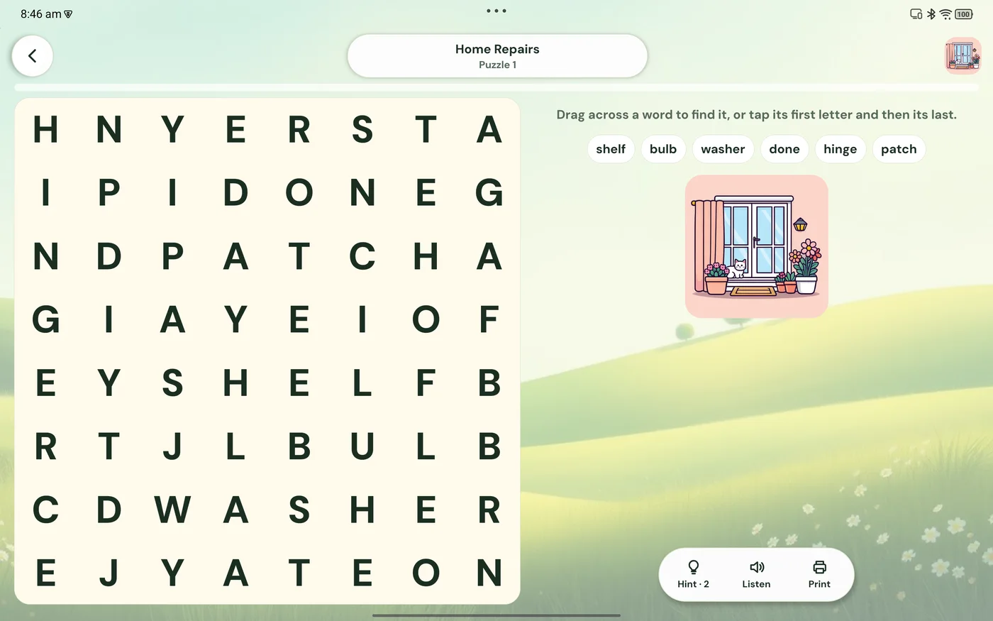 Leafy Word Search on an Android tablet: the grid beside the word list and Leafy
