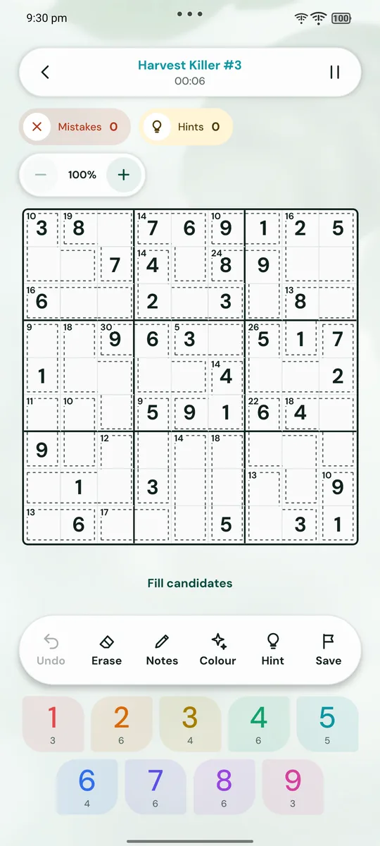A Killer Sudoku board with cages and sums