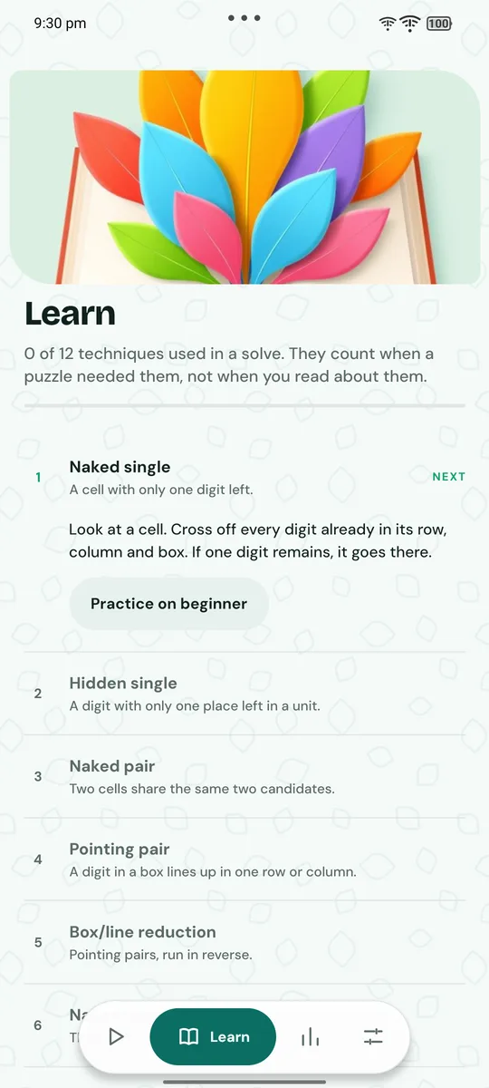 Learn: twelve techniques, each with a practice puzzle