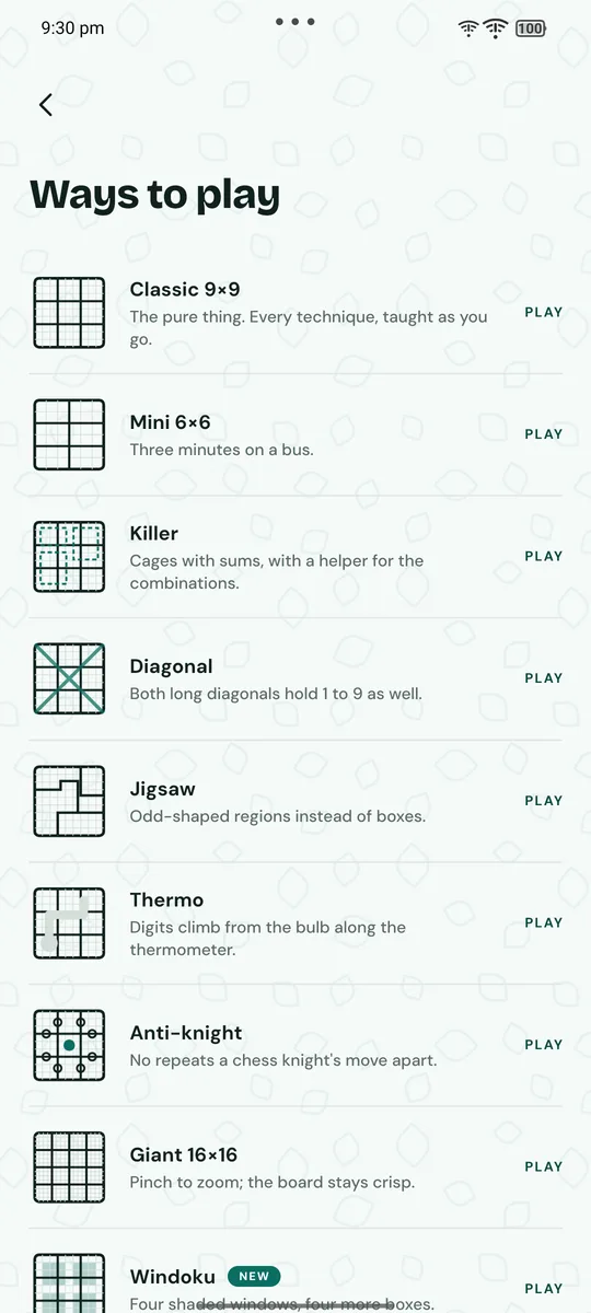 The Ways to play list: Classic, Mini, Killer, Diagonal, Jigsaw and more