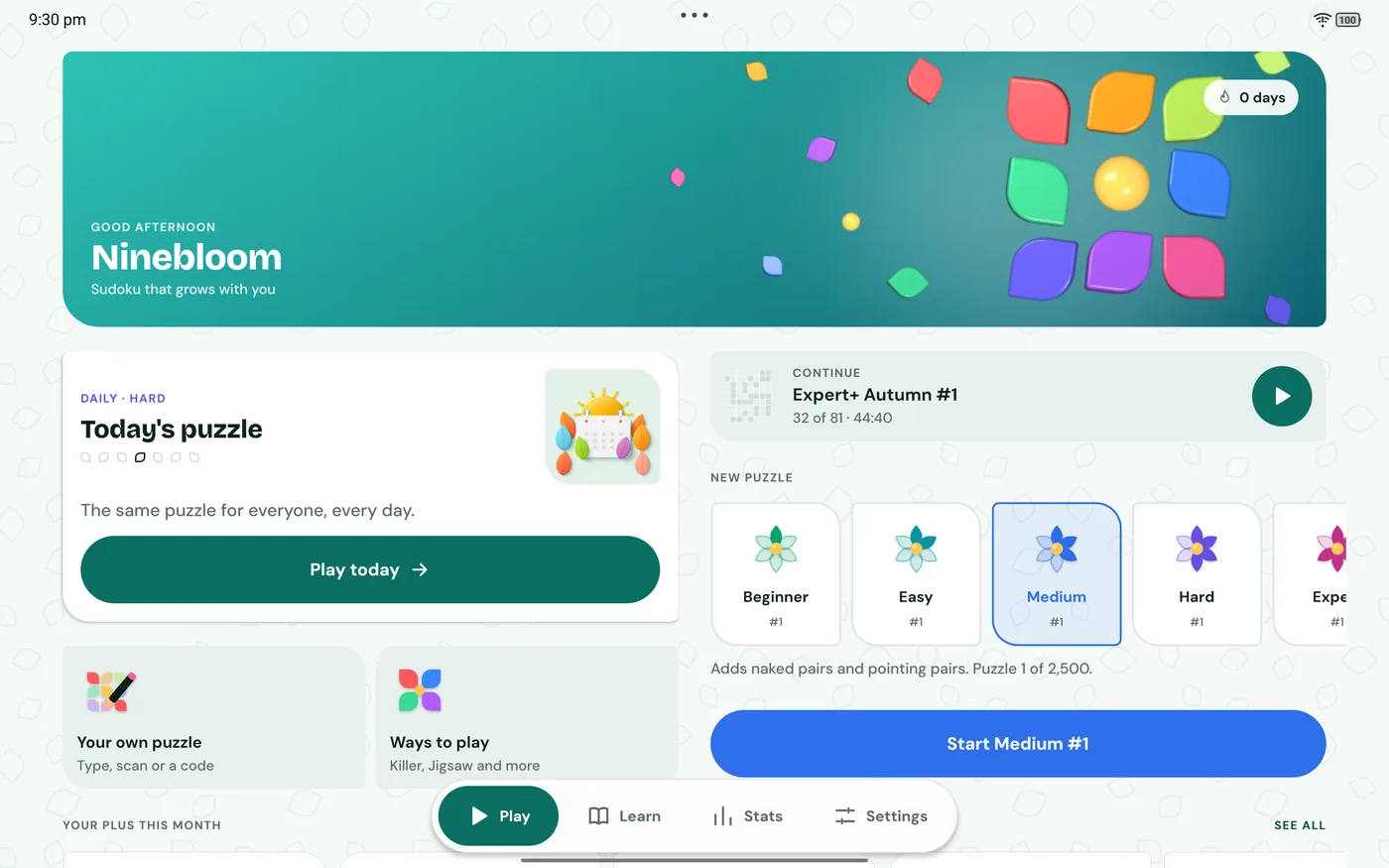 Ninebloom on a tablet: the home screen with today's puzzle and the levels side by side