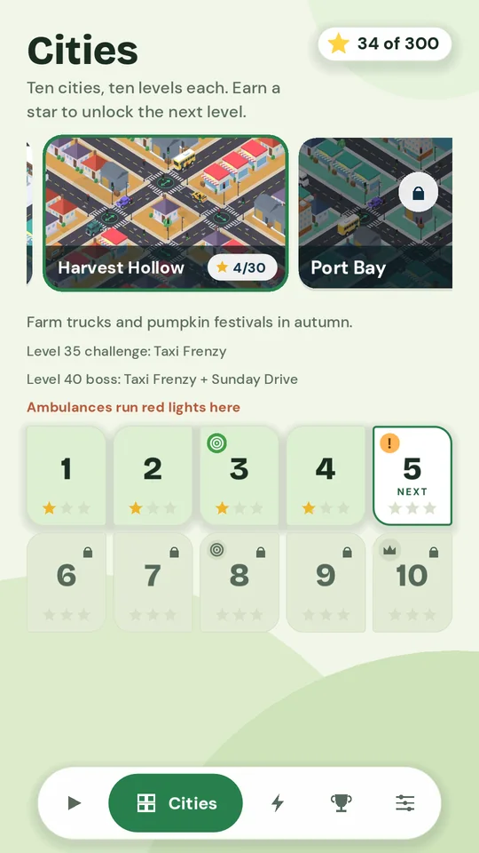 The Cities screen with a map card for each city