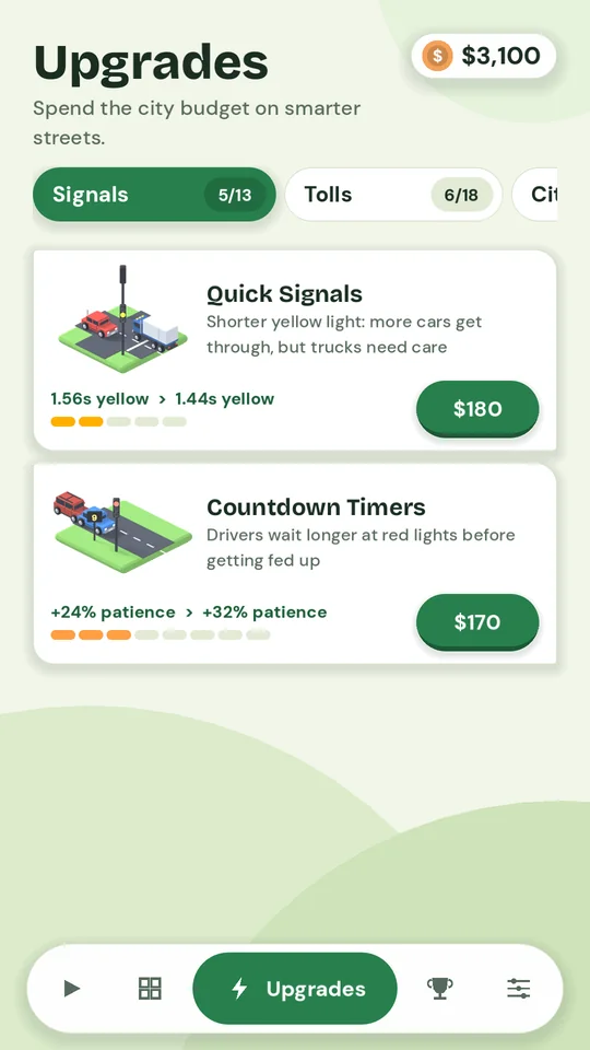 The Upgrades screen with Quick Signals and Countdown Timers