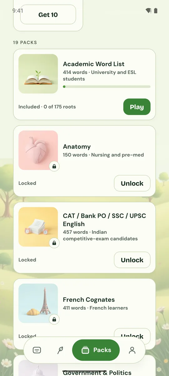 Packs: seeds and nineteen packs, from the Academic Word List to exam English
