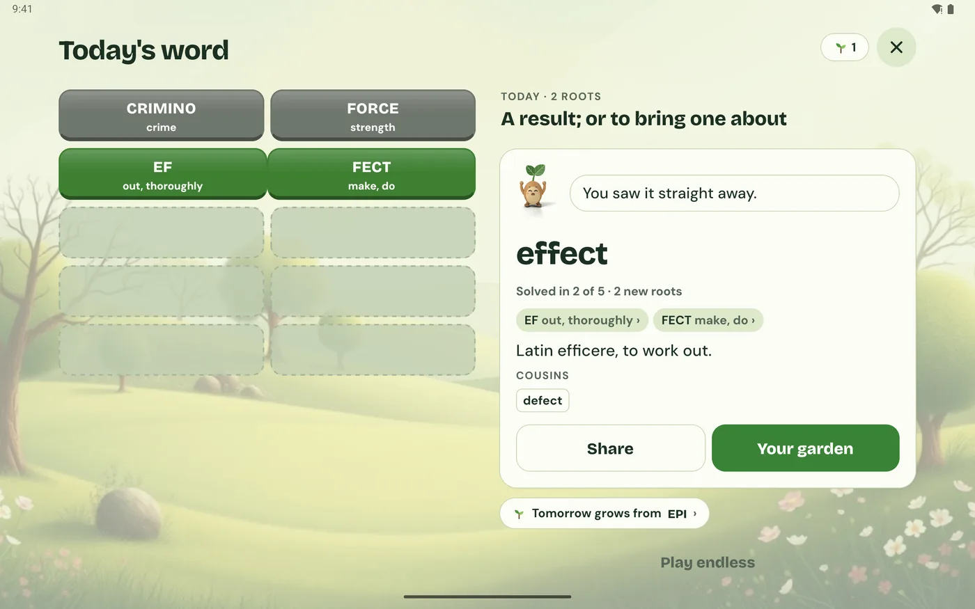 WordPith on an Android tablet: the board beside the result