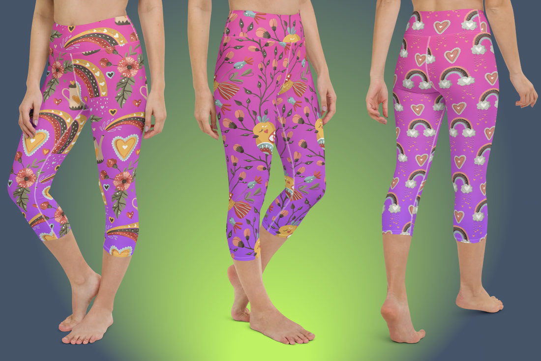Yoga in Style: Try Our Pink and Purple Boho Birds Patterned Bohemian Style Yoga Capri Leggings