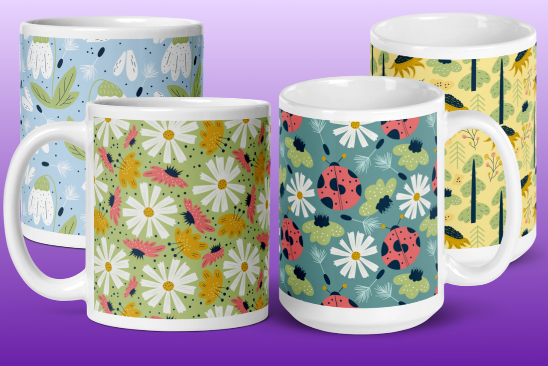 Enjoy a Cup of Spring: Scandinavian Floral Seamless Patterns on White Glossy Mugs