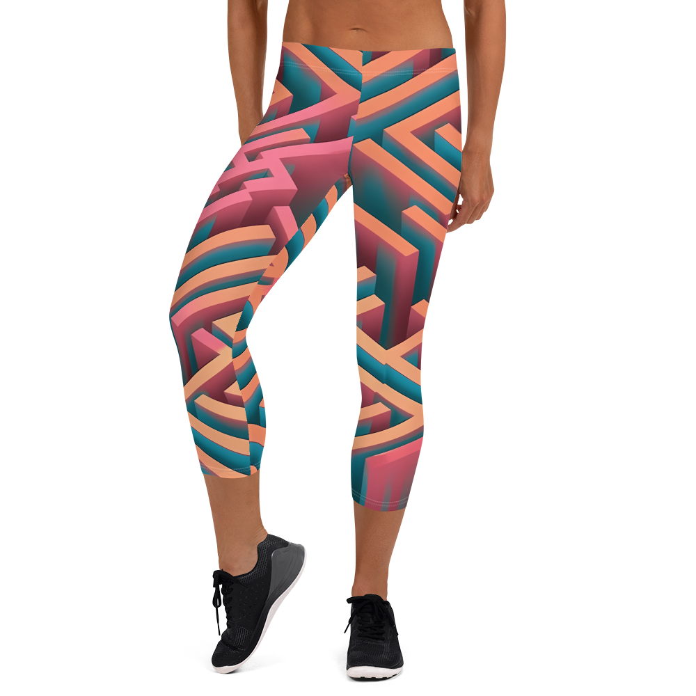 3D Maze Illusion | 3D Patterns | All-Over Print Capri Leggings - #1