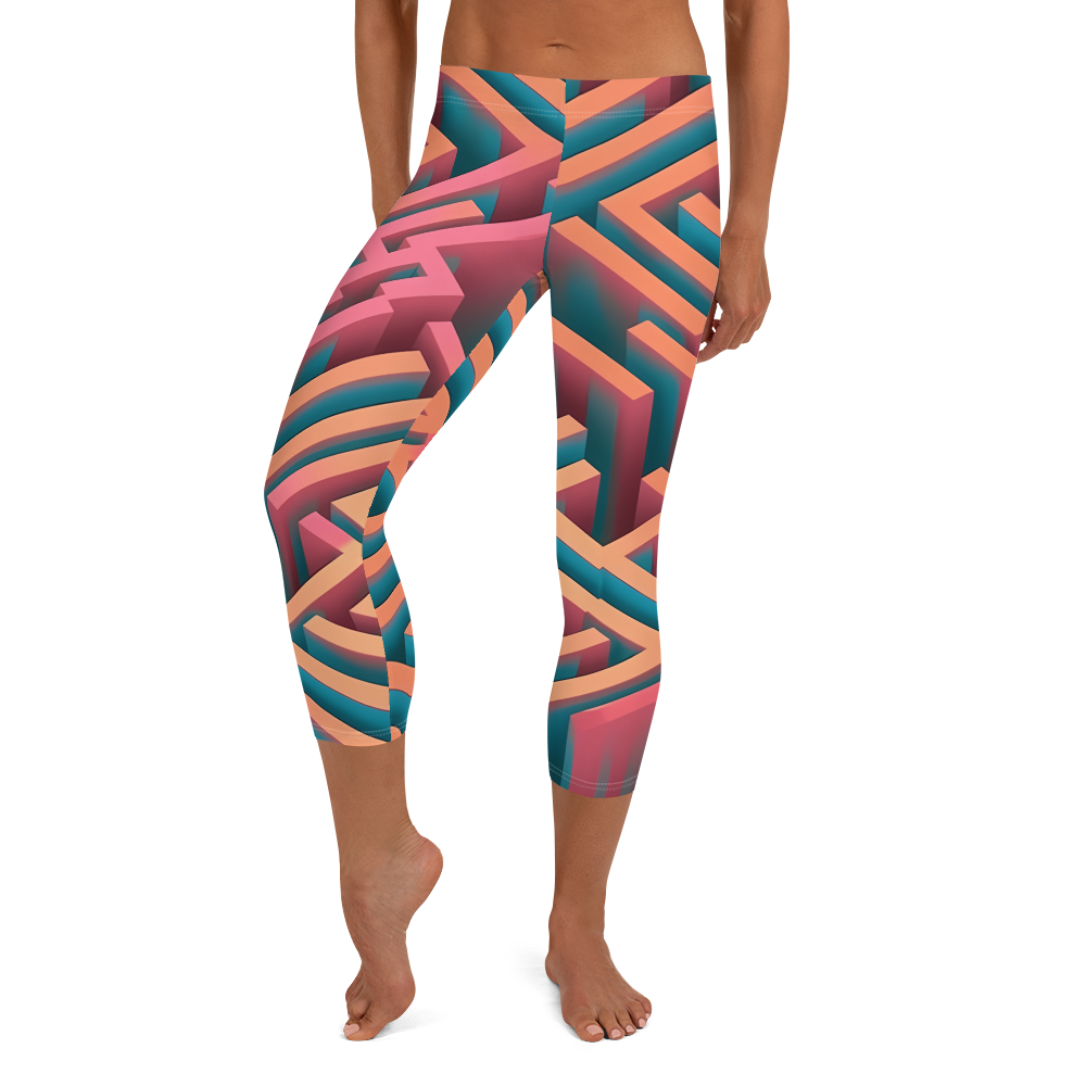 3D Maze Illusion | 3D Patterns | All-Over Print Capri Leggings - #1