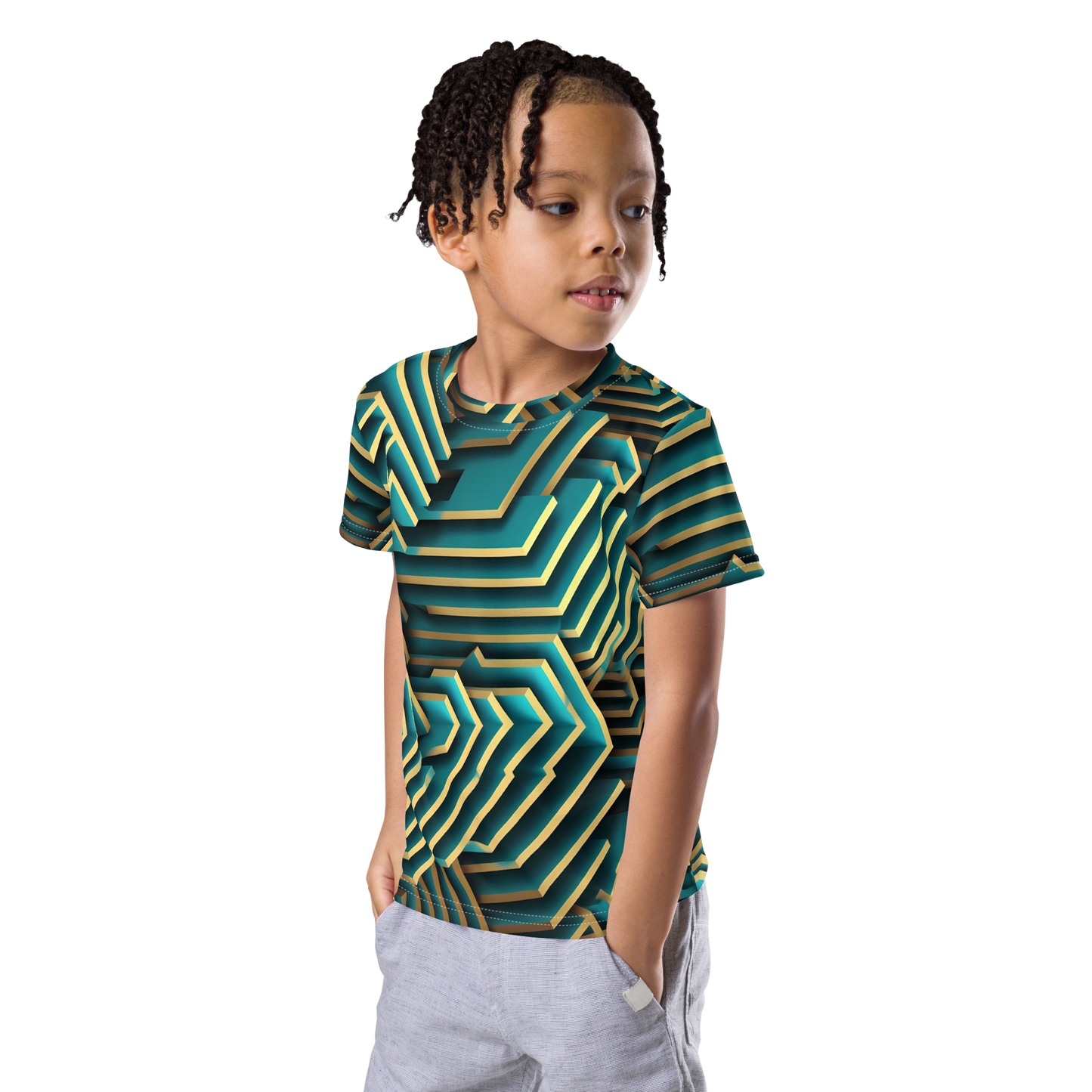 3D Maze Illusion | 3D Patterns | All-Over Print Kids Crew Neck T-Shirt - #5