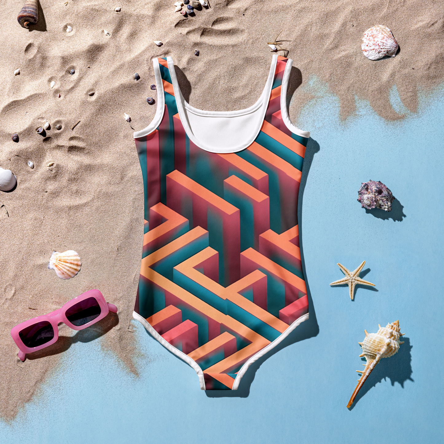 3D Maze Illusion | 3D Patterns | All-Over Print Kids Swimsuit - #1