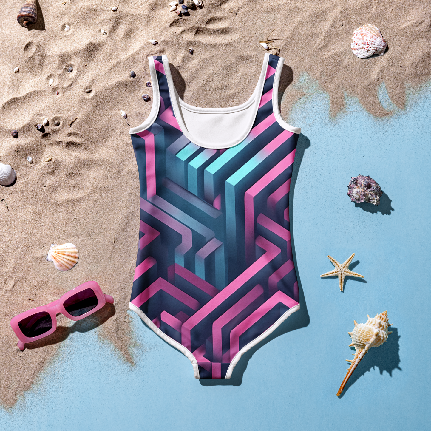 3D Maze Illusion | 3D Patterns | All-Over Print Kids Swimsuit - #4