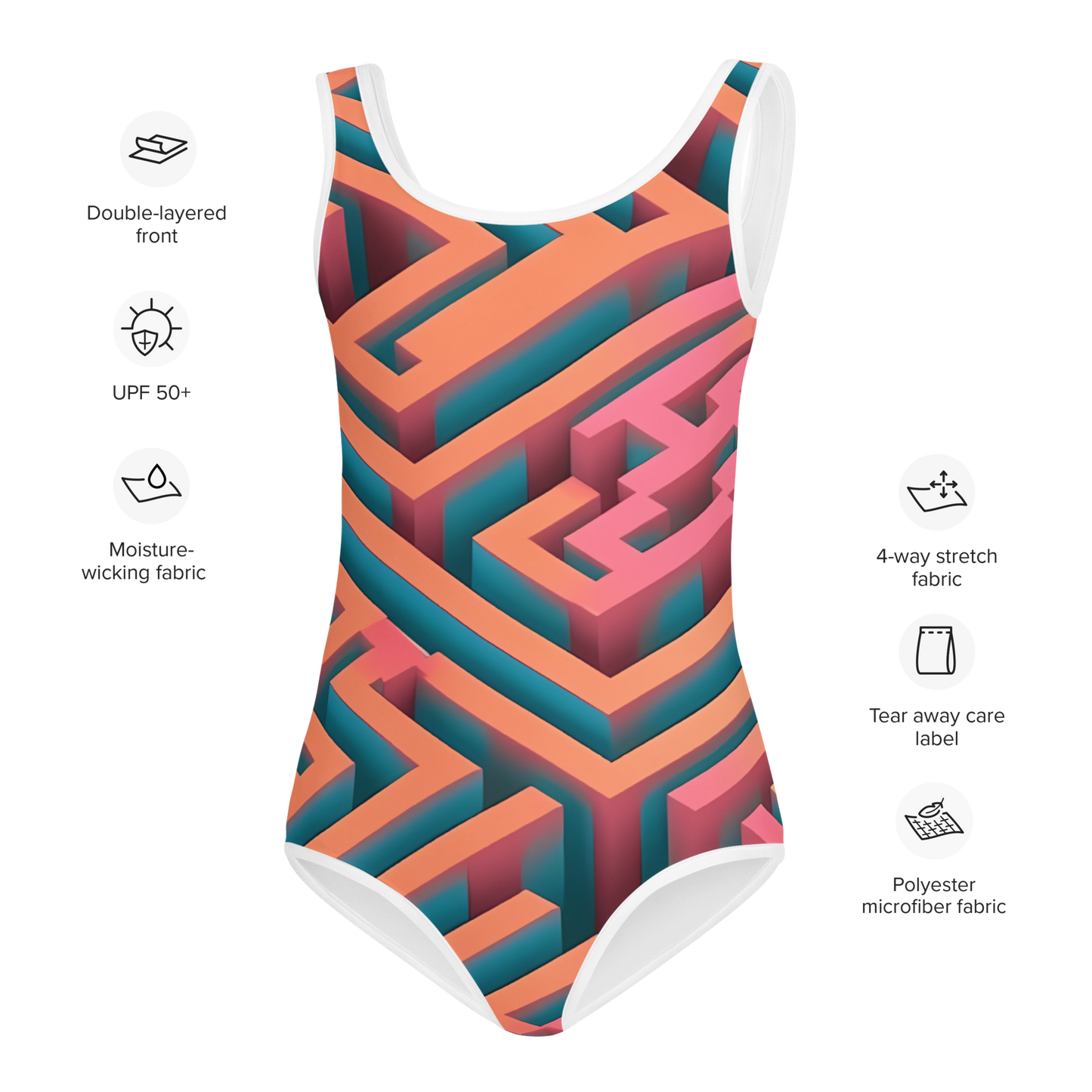 3D Maze Illusion | 3D Patterns | All-Over Print Kids Swimsuit - #1