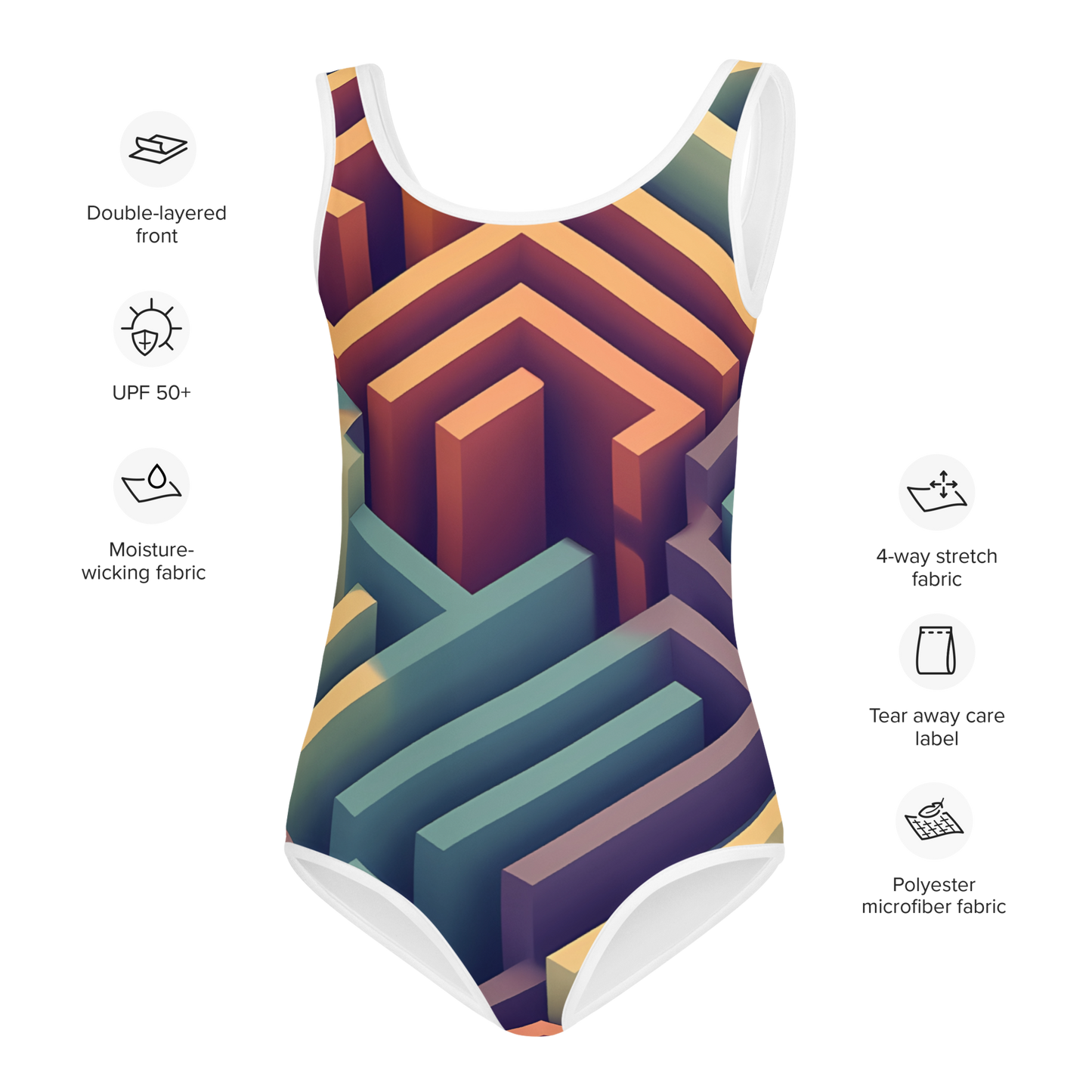 3D Maze Illusion | 3D Patterns | All-Over Print Kids Swimsuit - #3