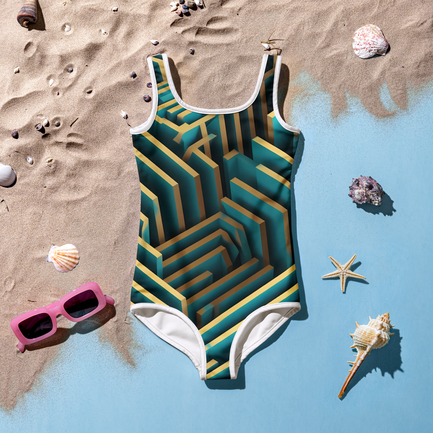 3D Maze Illusion | 3D Patterns | All-Over Print Kids Swimsuit - #5