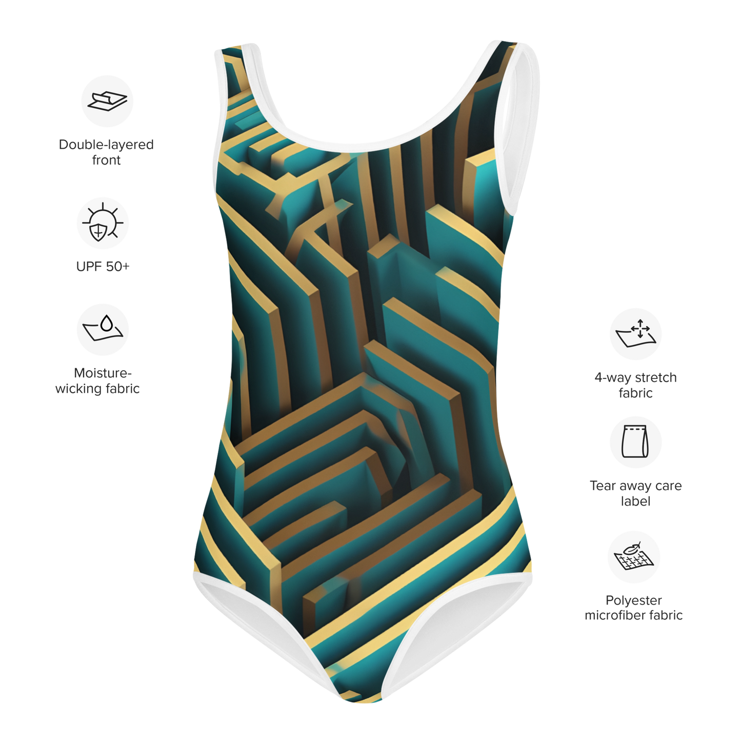 3D Maze Illusion | 3D Patterns | All-Over Print Kids Swimsuit - #5