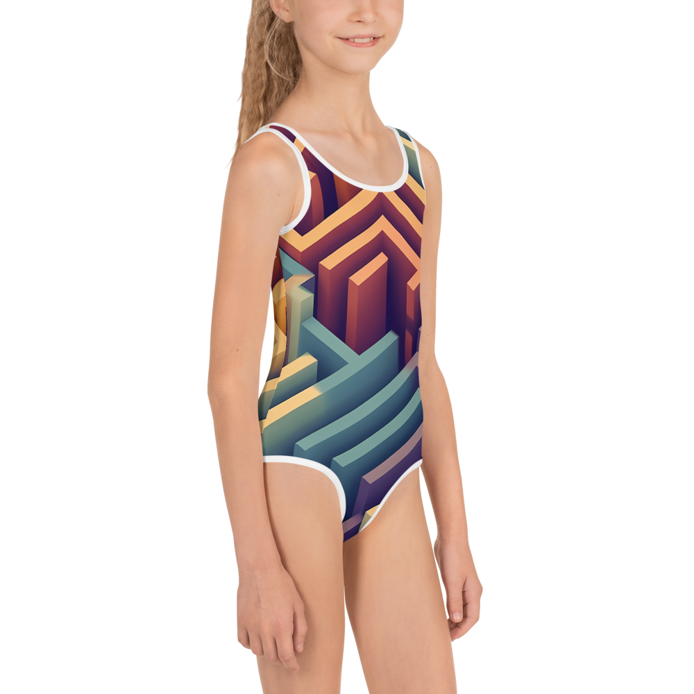 3D Maze Illusion | 3D Patterns | All-Over Print Kids Swimsuit - #3