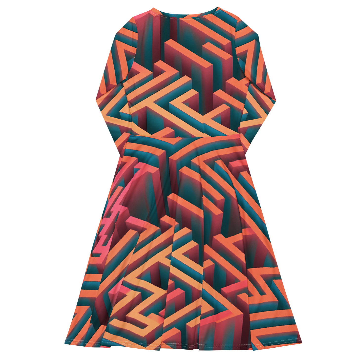 3D Maze Illusion | 3D Patterns | All-Over Print Long Sleeve Midi Dress - #1