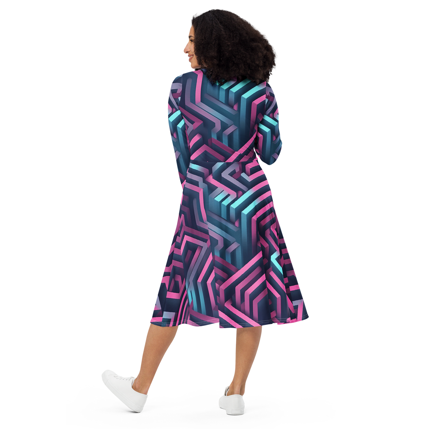 3D Maze Illusion | 3D Patterns | All-Over Print Long Sleeve Midi Dress - #4