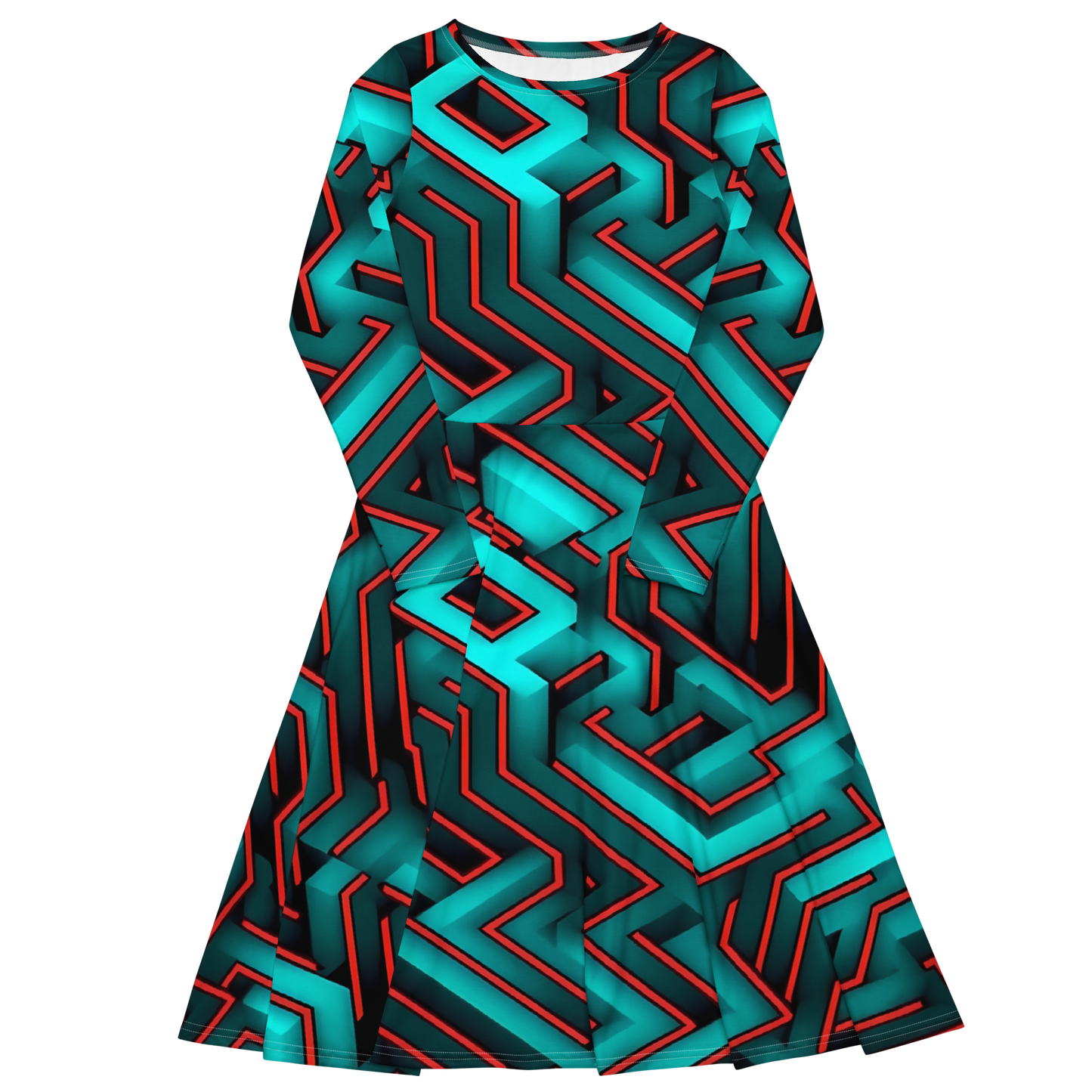 3D Maze Illusion | 3D Patterns | All-Over Print Long Sleeve Midi Dress - #2