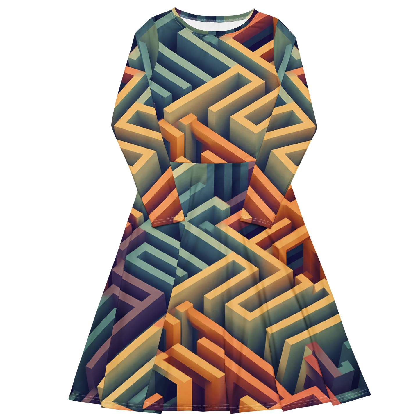3D Maze Illusion | 3D Patterns | All-Over Print Long Sleeve Midi Dress - #3
