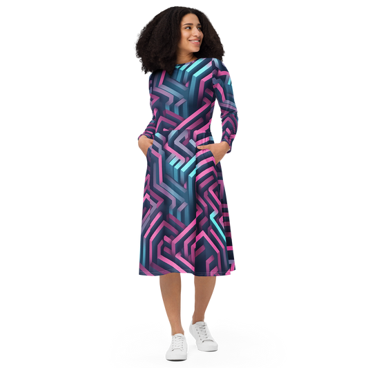 3D Maze Illusion | 3D Patterns | All-Over Print Long Sleeve Midi Dress - #4