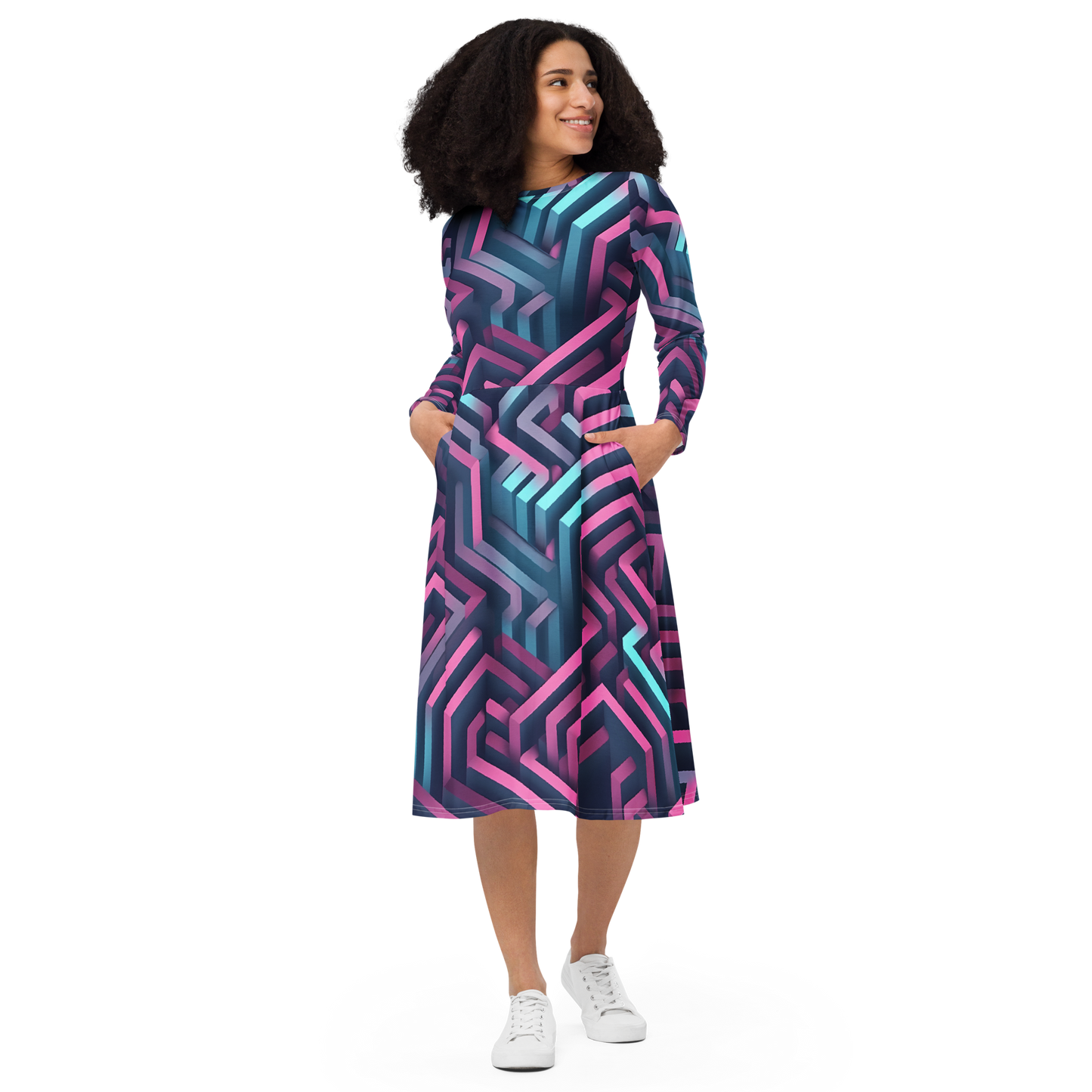 3D Maze Illusion | 3D Patterns | All-Over Print Long Sleeve Midi Dress - #4