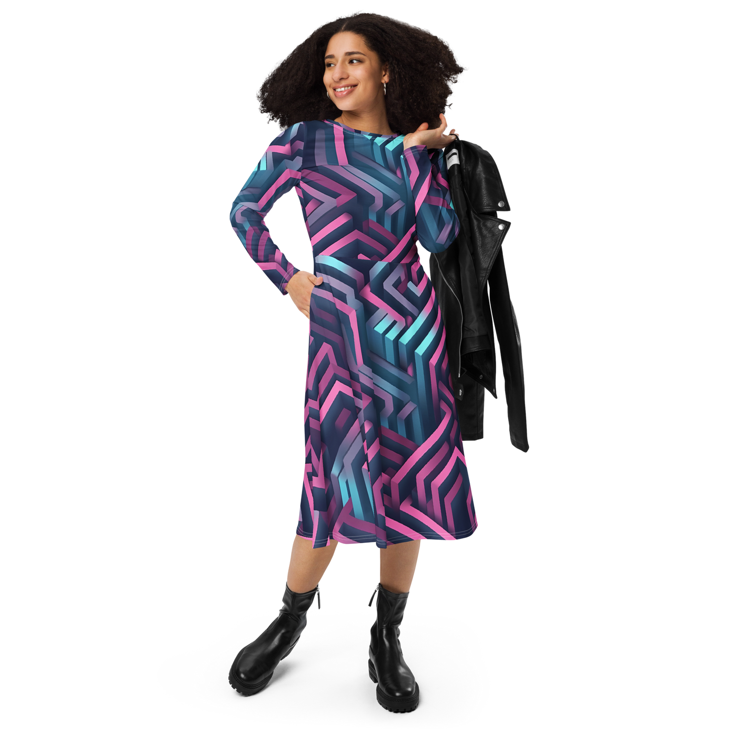 3D Maze Illusion | 3D Patterns | All-Over Print Long Sleeve Midi Dress - #4