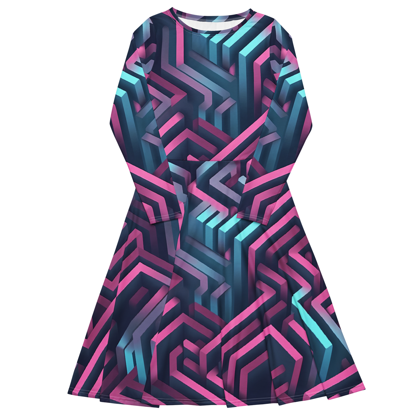 3D Maze Illusion | 3D Patterns | All-Over Print Long Sleeve Midi Dress - #4