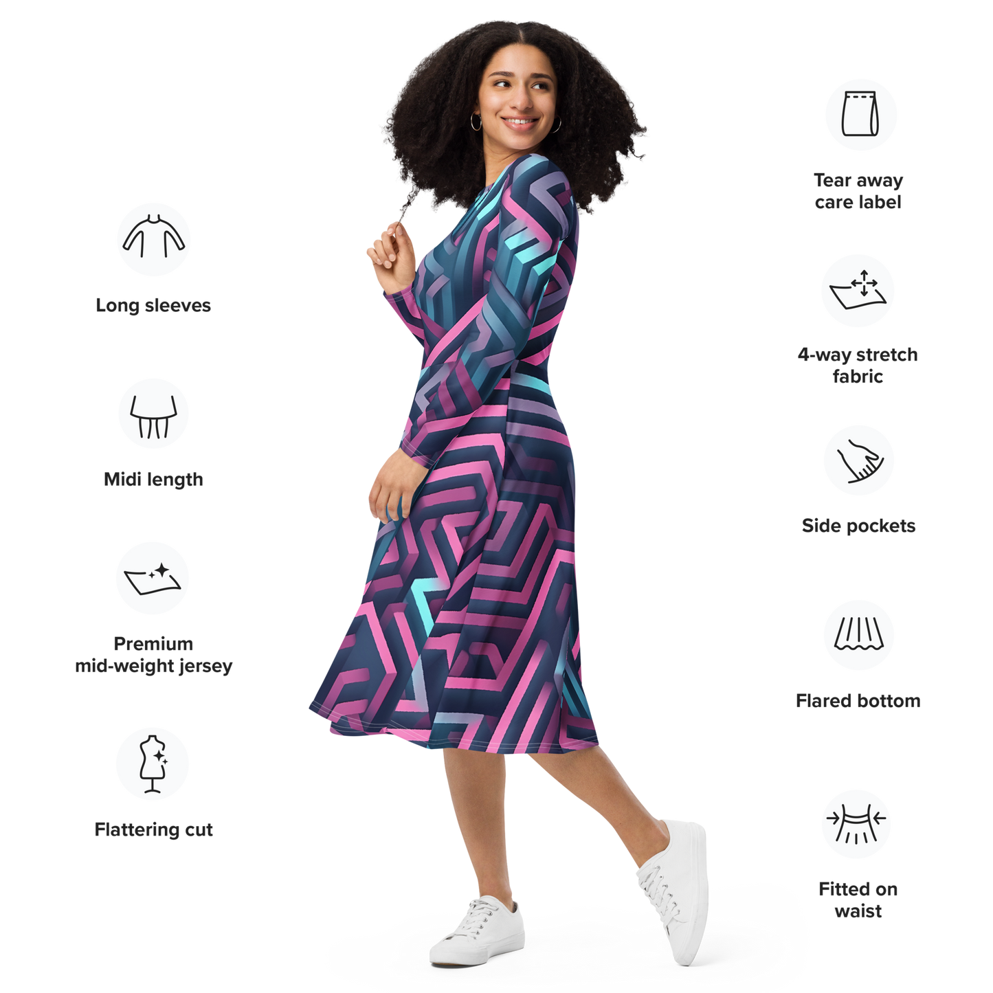 3D Maze Illusion | 3D Patterns | All-Over Print Long Sleeve Midi Dress - #4