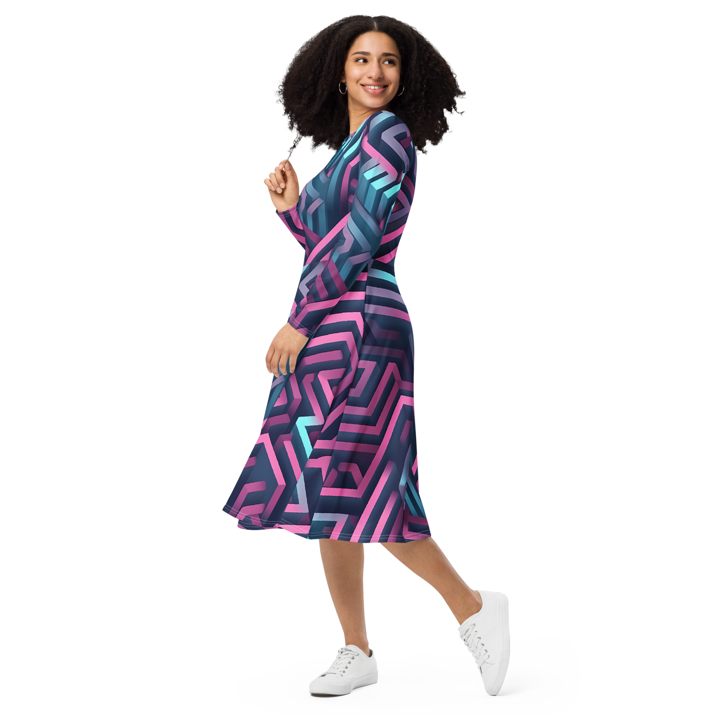 3D Maze Illusion | 3D Patterns | All-Over Print Long Sleeve Midi Dress - #4