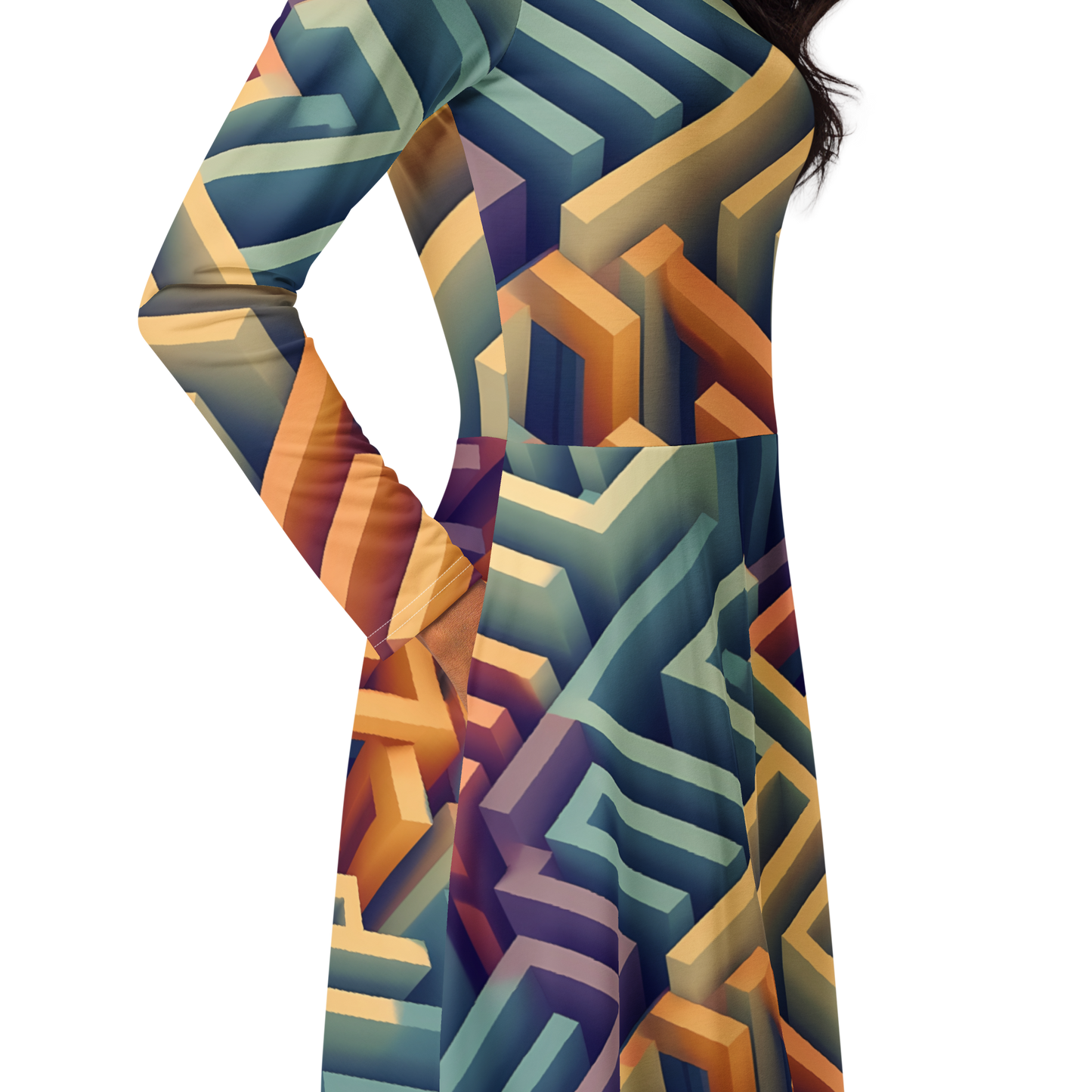 3D Maze Illusion | 3D Patterns | All-Over Print Long Sleeve Midi Dress - #3