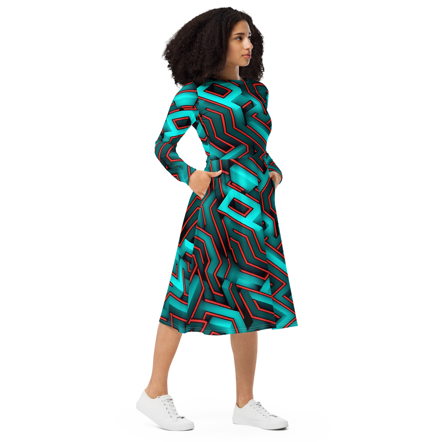 3D Maze Illusion | 3D Patterns | All-Over Print Long Sleeve Midi Dress - #2