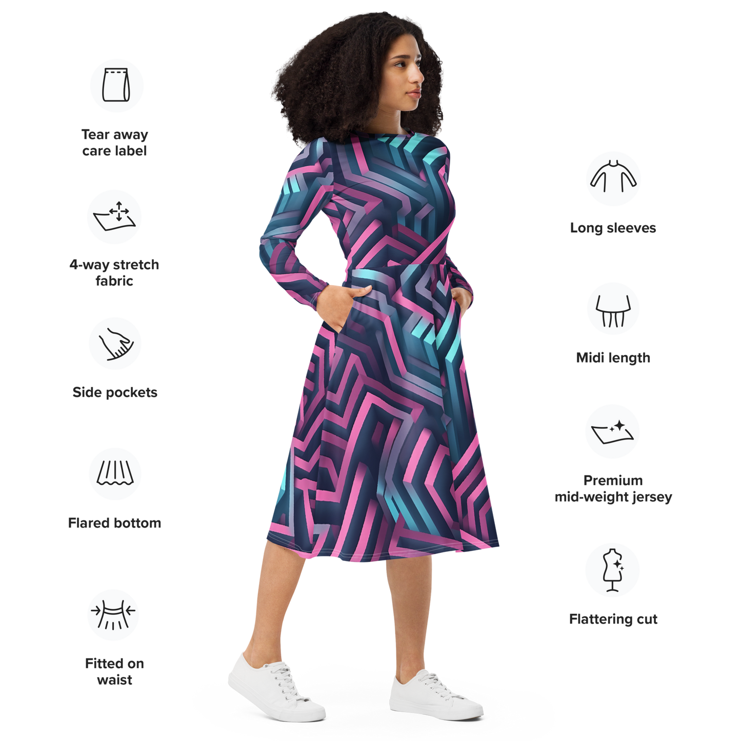 3D Maze Illusion | 3D Patterns | All-Over Print Long Sleeve Midi Dress - #4