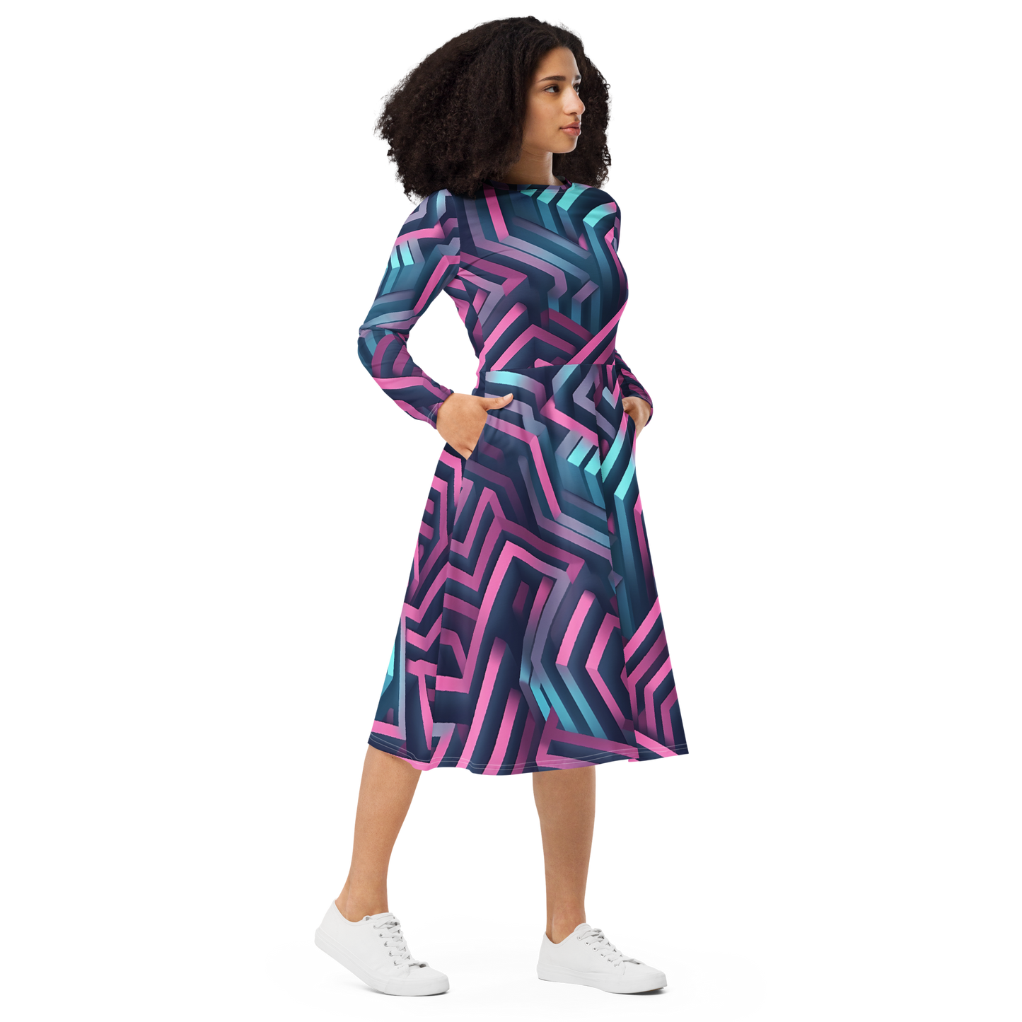 3D Maze Illusion | 3D Patterns | All-Over Print Long Sleeve Midi Dress - #4