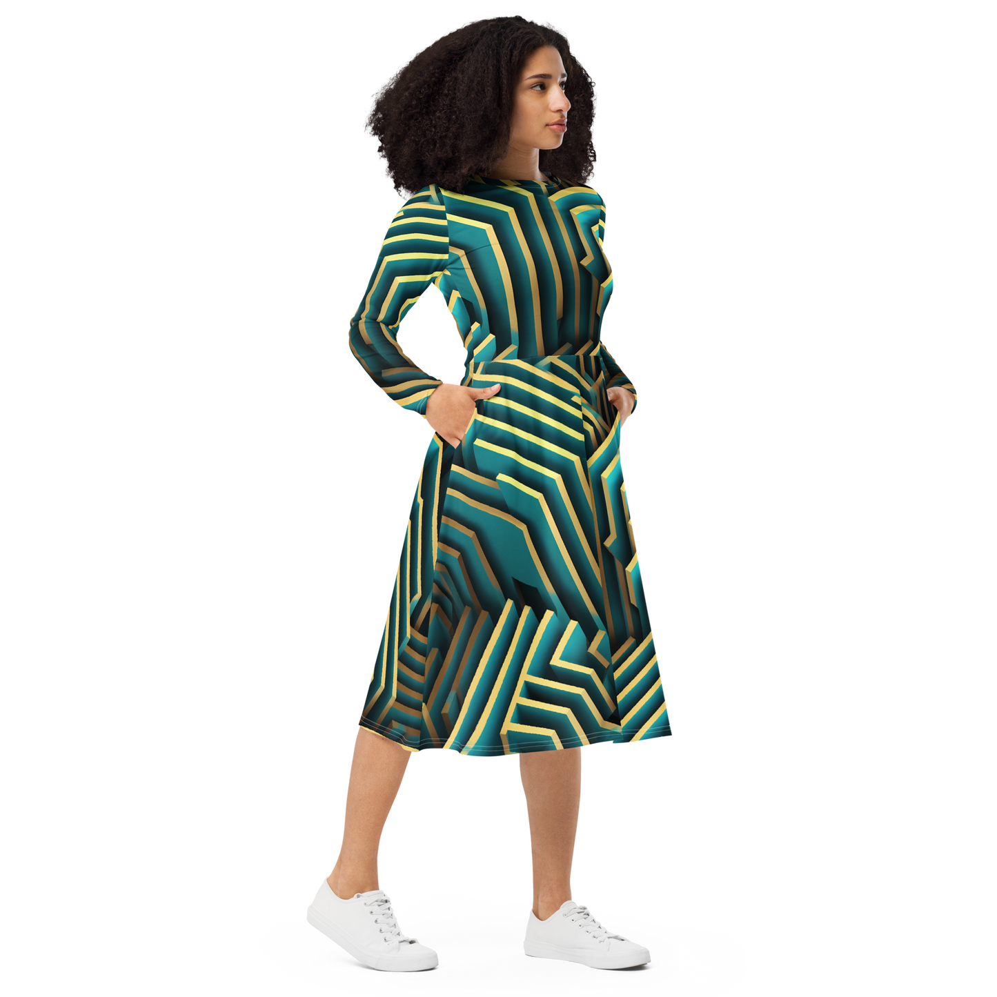 3D Maze Illusion | 3D Patterns | All-Over Print Long Sleeve Midi Dress - #5