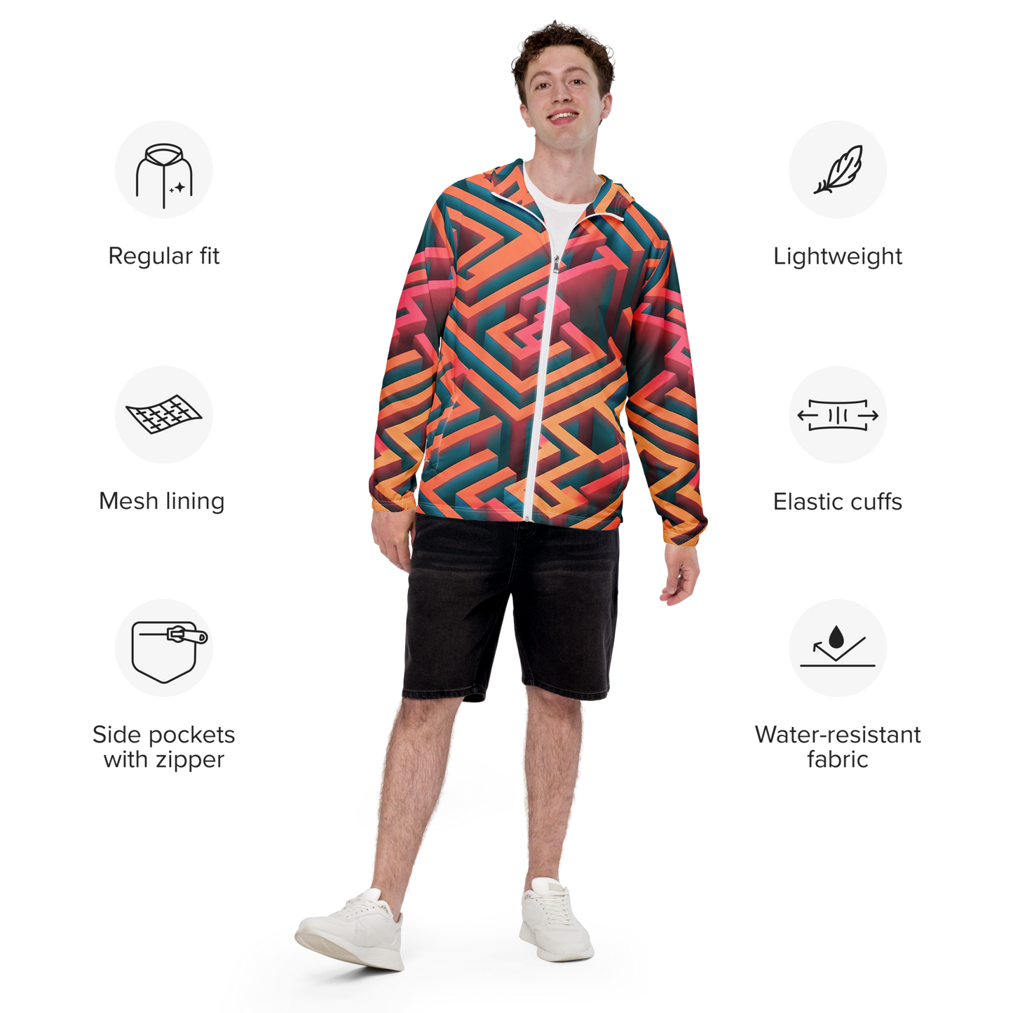 3D Maze Illusion | 3D Patterns | All-Over Print Men's Windbreaker - #1