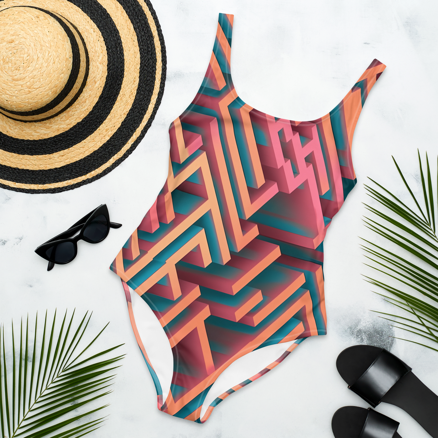3D Maze Illusion | 3D Patterns | All-Over Print One-Piece Swimsuit - #1