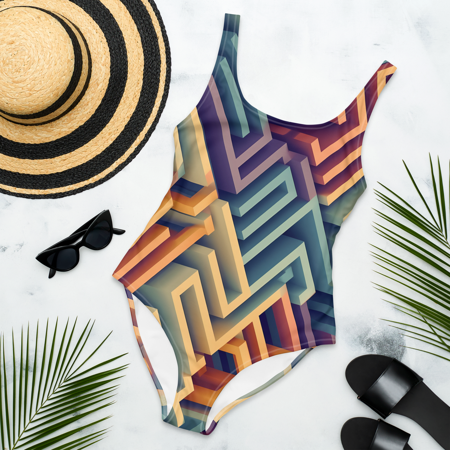 3D Maze Illusion | 3D Patterns | All-Over Print One-Piece Swimsuit - #3