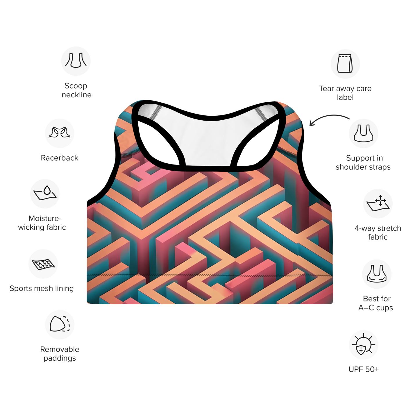 3D Maze Illusion | 3D Patterns | All-Over Print Padded Sports Bra - #1