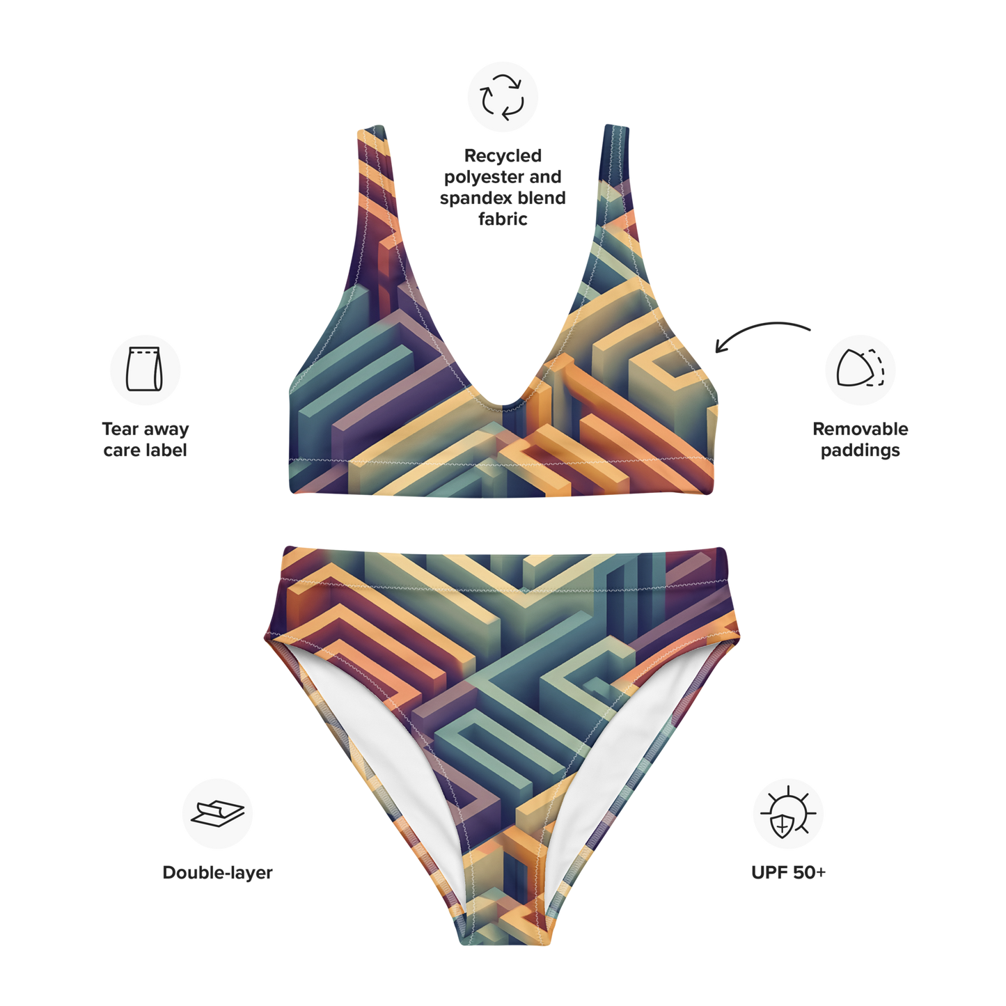 3D Maze Illusion | 3D Patterns | All-Over Print Recycled High-Waisted Bikini - #3