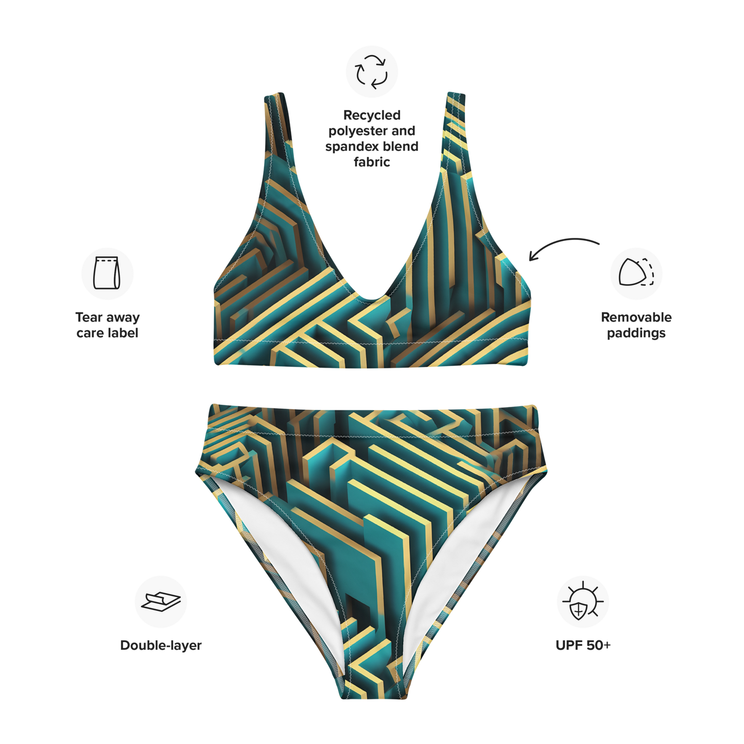 3D Maze Illusion | 3D Patterns | All-Over Print Recycled High-Waisted Bikini - #5