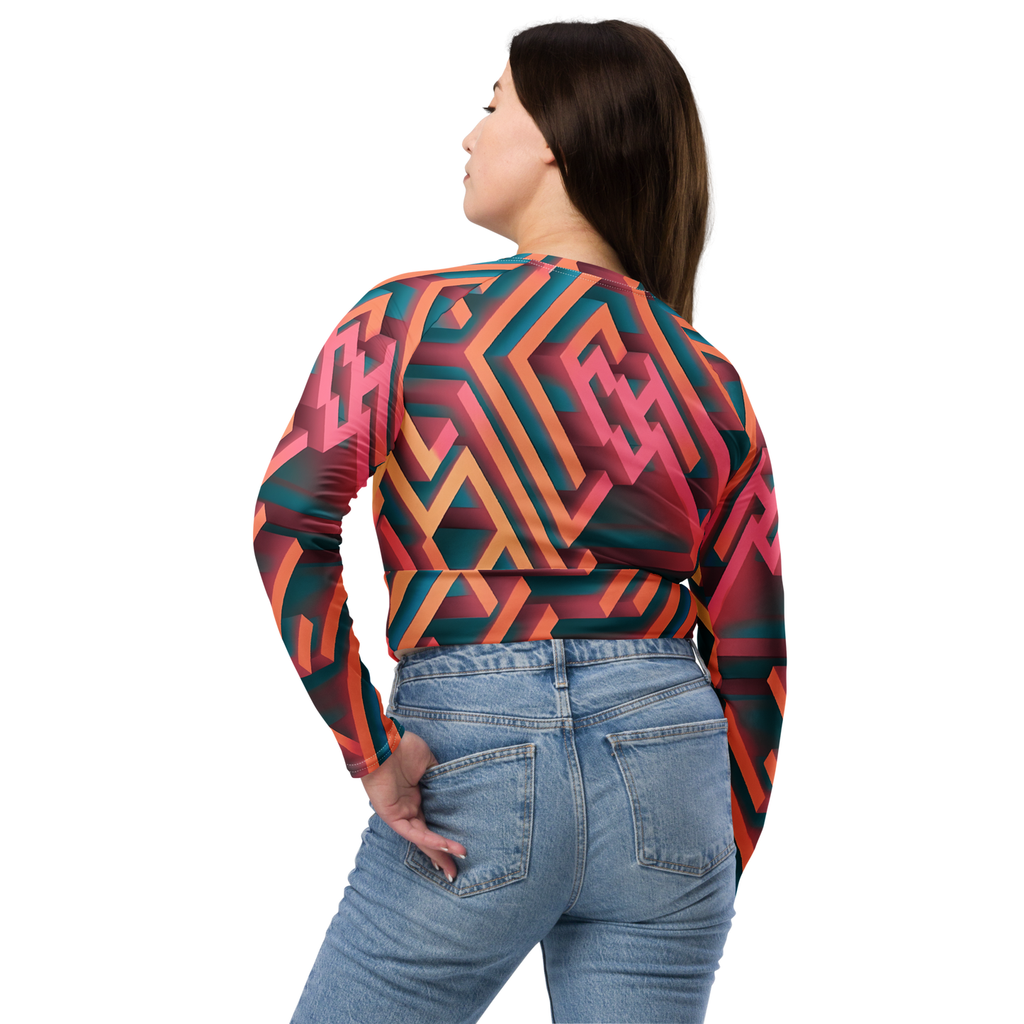 3D Maze Illusion | 3D Patterns | All-Over Print Recycled Long Sleeve Crop Top - #1
