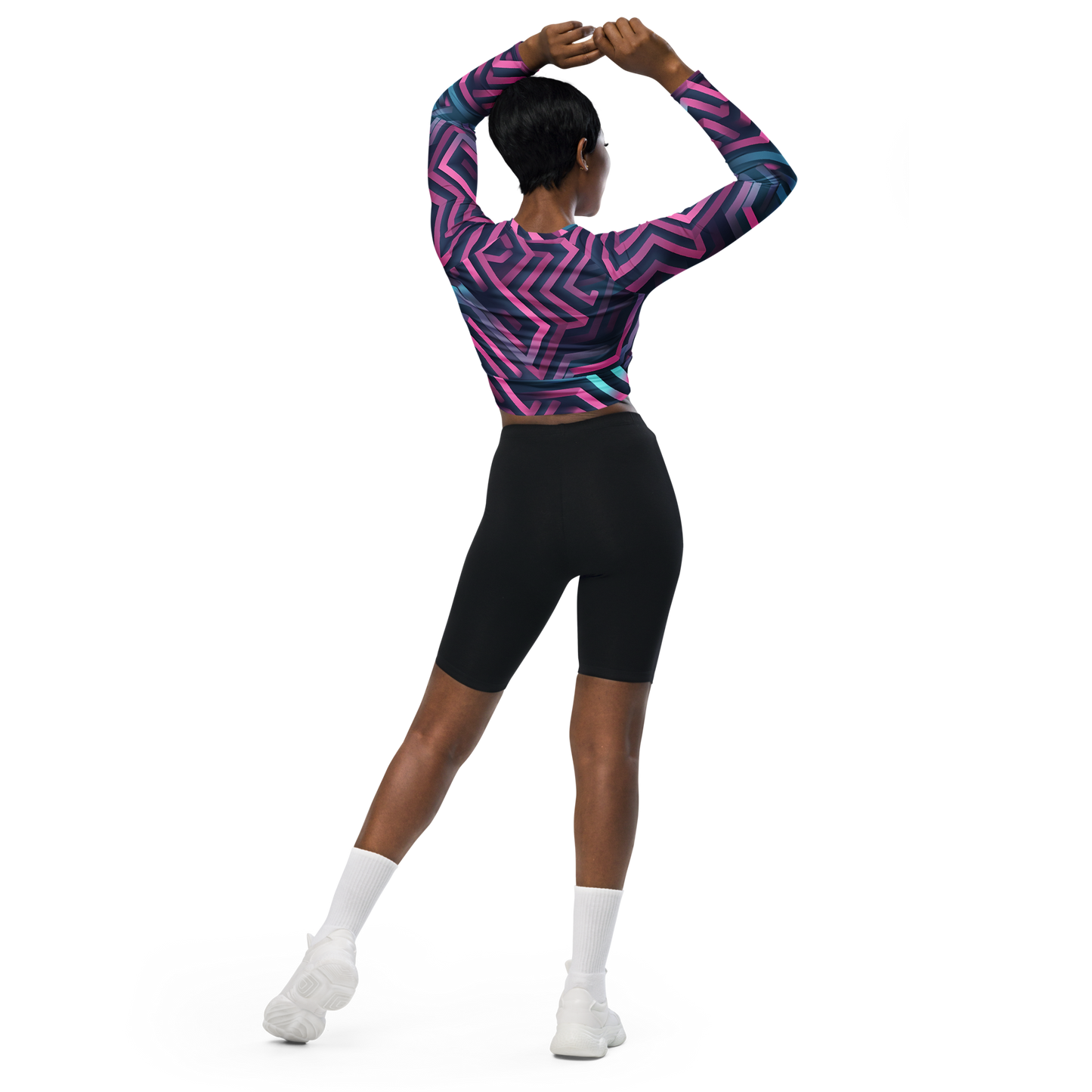 3D Maze Illusion | 3D Patterns | All-Over Print Recycled Long Sleeve Crop Top - #4