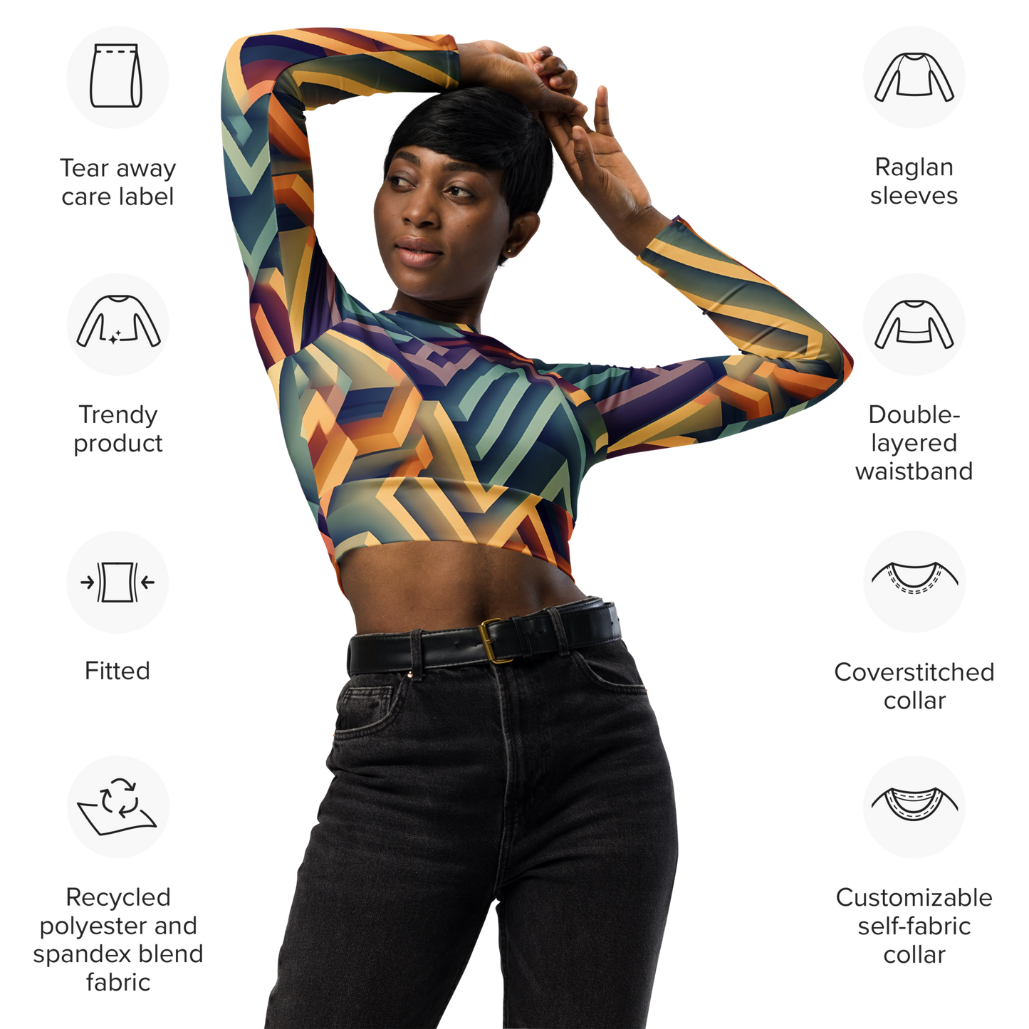 3D Maze Illusion | 3D Patterns | All-Over Print Recycled Long Sleeve Crop Top - #3